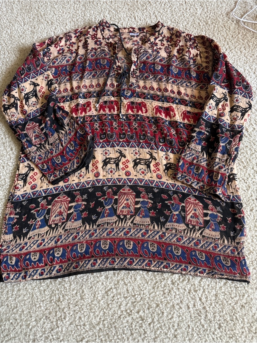 Boho Indian Block Print Tunic Top – Elephants & Festival Scene